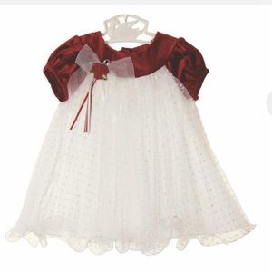 New Rare Editions Red Velvet Dress with Tulle Dotted Skirt